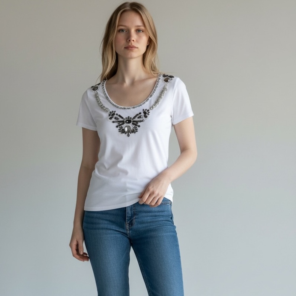 white house black market White  Cotton Spandex T Shirt  L $68 EUC